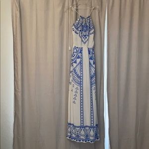 Blue/White Patterned Halter Maxi Dress